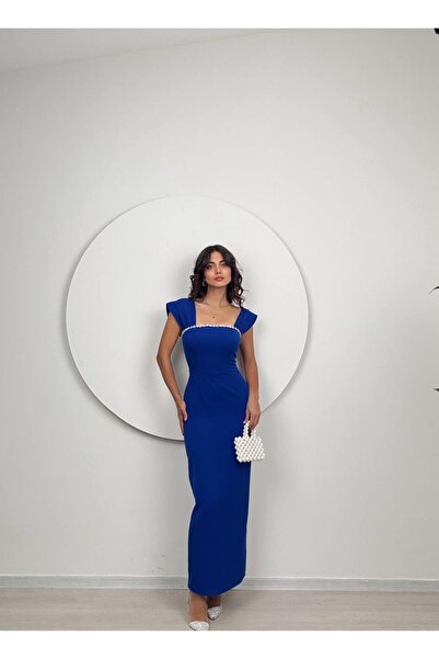 Glysso Özel Tasarım Taş Detaylı Madonna Yaka Sax Mavi Davet Elbisesi