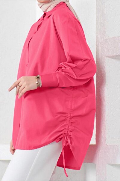 TRENDTESETTÜR KADIN FUŞYA YANLARI BÜZGÜLÜ GÖMLEK TUNİK T 15516