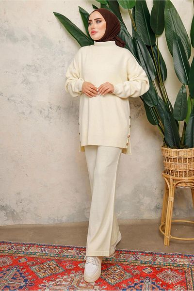 TRENDTESETTÜR Women's Ecru Necked Neck Double Pants Knitwear Suit T 0108