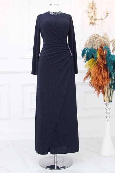 TRENDTESETTÜR WOMEN'S NAVY BLUE STONE DETAILED EVENING DRESS T 9653