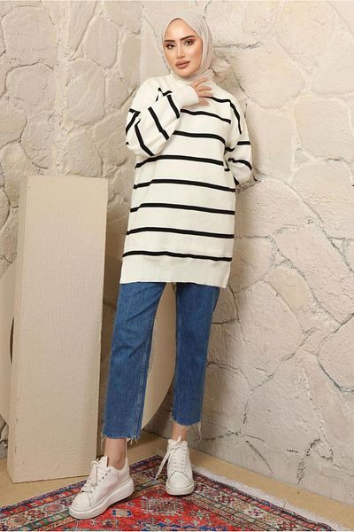 TRENDTESETTÜR WOMEN'S BLACK STRIPED TRICOT TUNIC T 1608