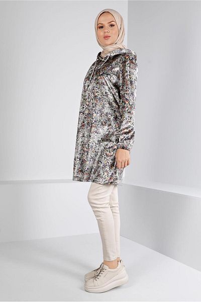 TRENDTESETTÜR WOMEN'S GRAY PATTERNED VELVET TUNIC T 43392