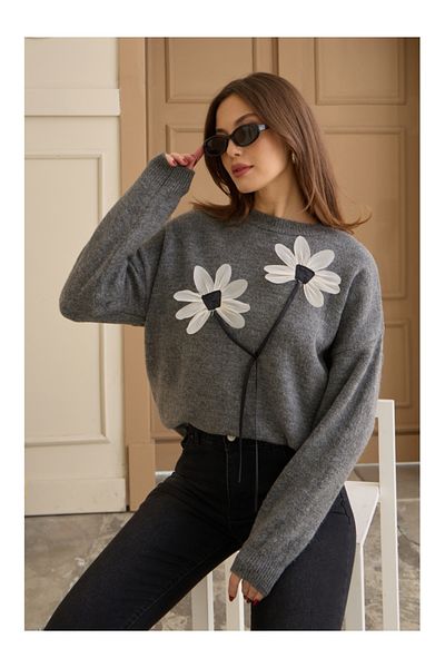 Elif Özbey Butik Gray Linen Floral Oversize Sweater