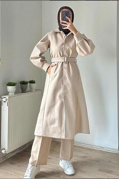 TRENDTESETTÜR Γυναικείο παλτό σε μπεζ πέτρα - Ζώνη T 8595