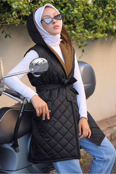 TRENDTESETTÜR WOMEN'S BLACK (BLACK-CAMEL) HOODED BELLOWED QUILTED INFLATABLE VEST T 0321-1