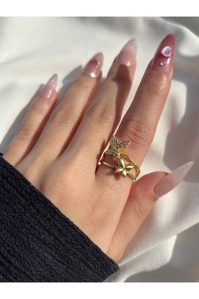 Eylülün Takısı Women's Gold Color Double Stone Butterfly Ring