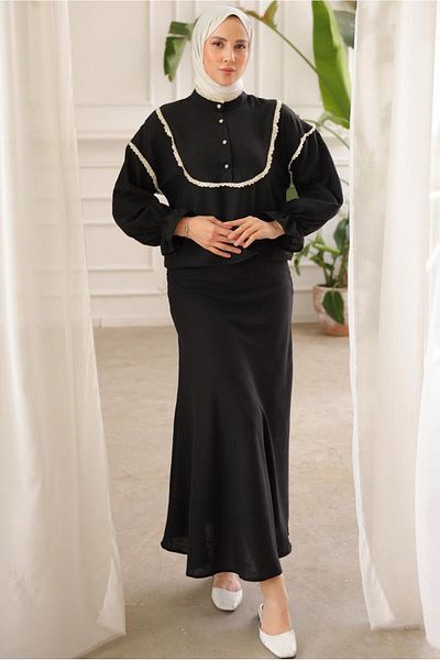 TRENDTESETTÜR WOMEN'S BLACK LACE DETAILED SKIRT SUIT T 8702