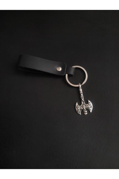 BSN Store Nordic Fashion Double Axe Figured Genuine Leather Keychain