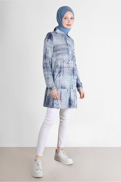 TRENDTESETTÜR Navy Blue Tie-Dye Floral Print Women's Tunic - t 42666