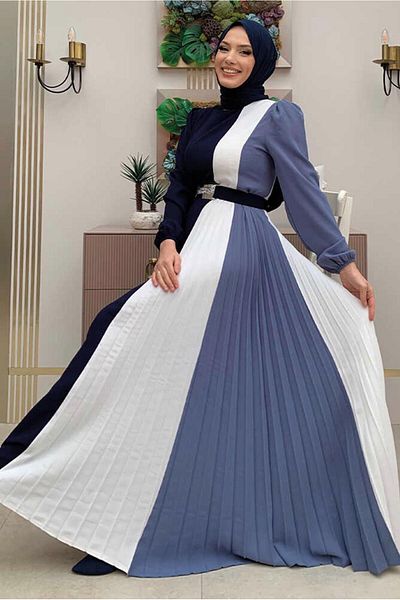 TRENDTESETTÜR Γυναικείο φόρεμα Navy Blue πλισέ τρίχρωμο - T 2263
