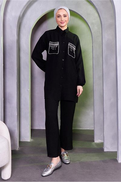 TRENDTESETTÜR WOMEN'S BLACK STONE DETAILED PANT SUIT T 8683