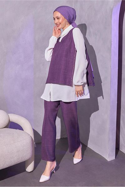 TRENDTESETTÜR Purple Lavender Women's Trousers Set - Pearl Detailed, Triple T 0804