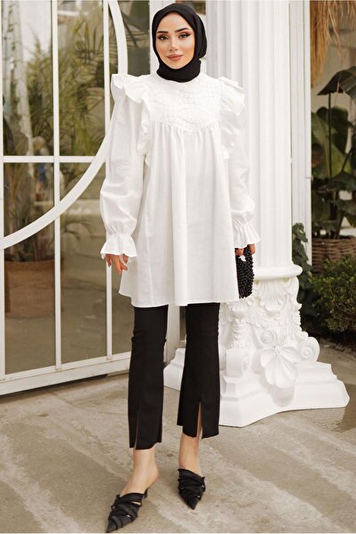 TRENDTESETTÜR WOMEN'S Ecru Ruffle Detailed TUNIC T 4402