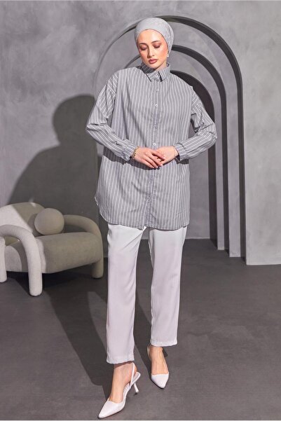 TRENDTESETTÜR GRAY STRIPED WOMEN'S SHIRT TUNIC - T 4414