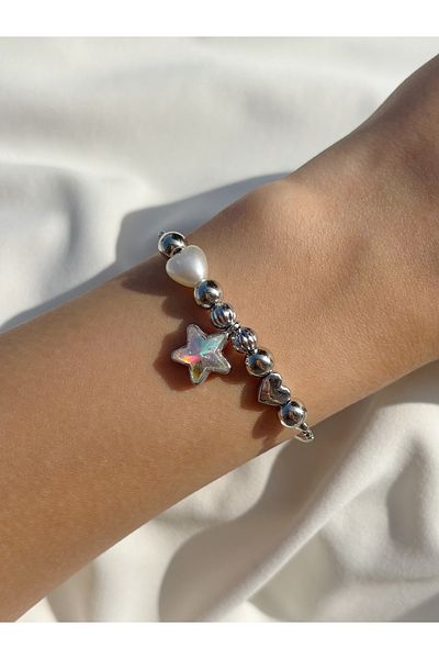 Eylülün Takısı Women's Silver Color Pink Star Figured Pearl Stone Bracelet