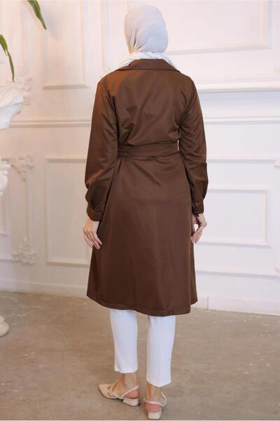 TRENDTESETTÜR KADIN KAHVE KRUVAZE YAKA KUŞAKLI TRENÇKOT T 3585