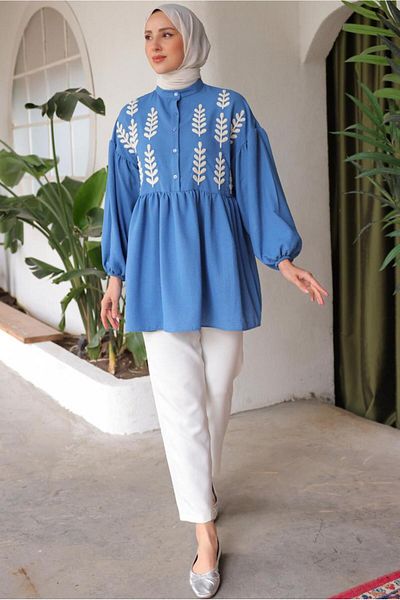 TRENDTESETTÜR Navy Blue Indigo Leaf Patterned Tunic Shirt - T 6302