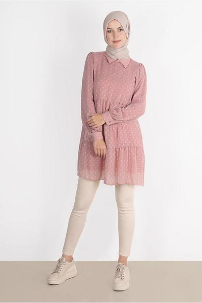 TRENDTESETTÜR Women's Powder Color Polka Dot Folded Tunic - T 42903