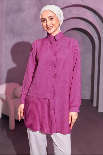 TRENDTESETTÜR Fuchsia Pleated Detailed Women's Shirt Tunic - T 8214