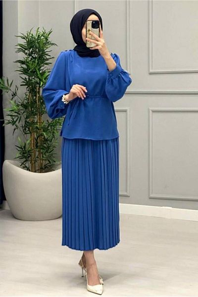 TRENDTESETTÜR Γυναικείο Σετ Navy Blue (Indigo) με Πλισέ Φούστα - T 0251