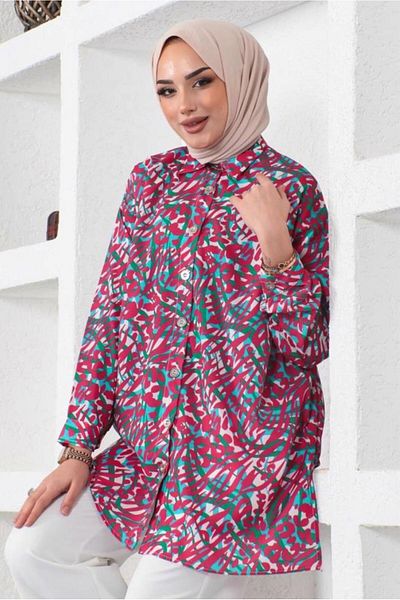 TRENDTESETTÜR Green Patterned Women's Shirt Tunic - T 2888