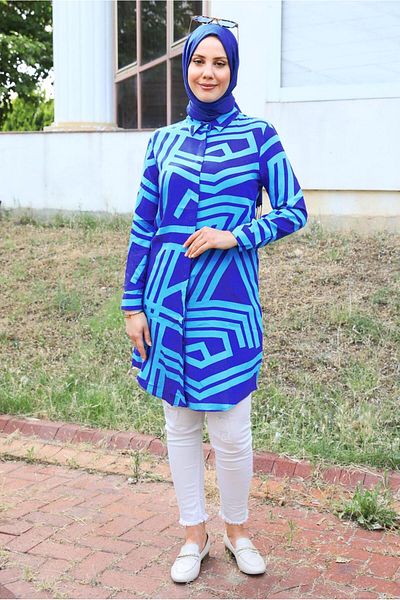 TRENDTESETTÜR Navy Blue Patterned Cotton Tunic - Women's T 3612