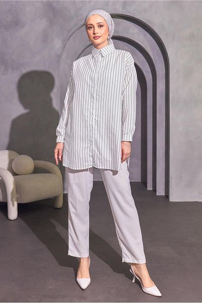 TRENDTESETTÜR Ecru Striped Women's Shirt Tunic - T 4414