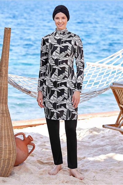 TRENDTESETTÜR Costum de baie din catifea cu model negru pentru femei T 9206