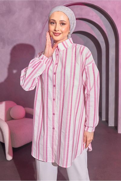 TRENDTESETTÜR Pink Striped Women's Shirt Tunic - T 8414