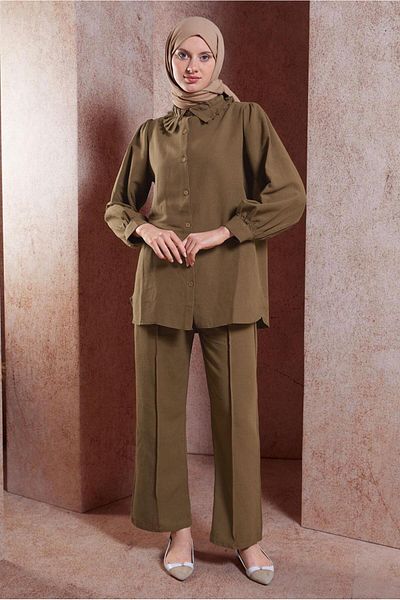 TRENDTESETTÜR Γυναικείο Σετ Παντελόνι Καφέ Χρώμα Ruffle Collar - T 4102