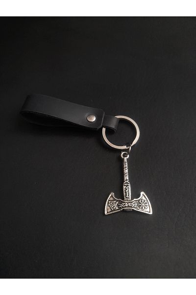 BSN Store Nordic Fashion Valknut Genuine Leather Keychain with Axe Figure