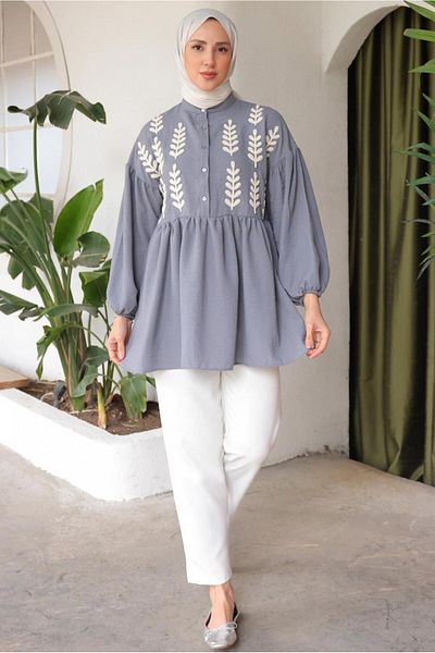 TRENDTESETTÜR GRAY LEAF PATTERNED WOMEN'S Shirt Tunic - T 6302