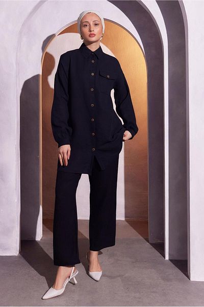 TRENDTESETTÜR Women's Black Trousers Muslin Suit Model T3904
