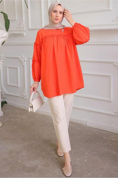 TRENDTESETTÜR Orange (Orange) Women's Tunic with Brooch Detail - T 74616