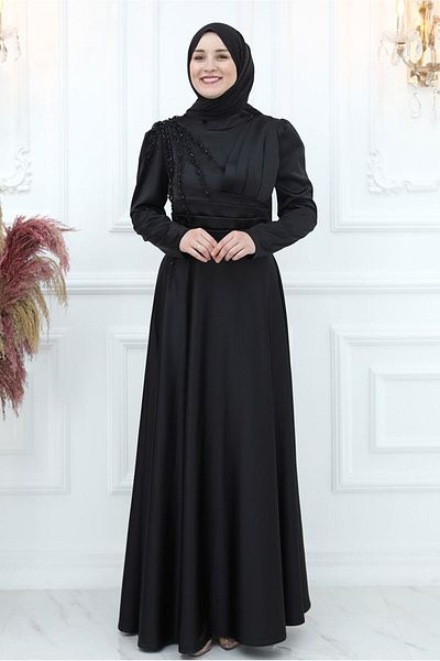 TRENDTESETTÜR ΓΥΝΑΙΚΕΙΟ ΜΑΥΡΟ ΣΑΤΕΝ ΒΡΑΔΙΝΟ ΦΟΡΕΜΑ ΜΕ ΧΑΝΤΡΕΣ ΚΕΝΤΗΜΕΝΟ ΜΕ ΛΕΠΤΟΜΕΡΕΙΕΣ T 5453