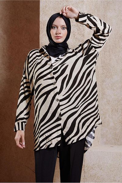 TRENDTESETTÜR Zebra Patterned Black-Mink Shirt Tunic - Women's T 2017