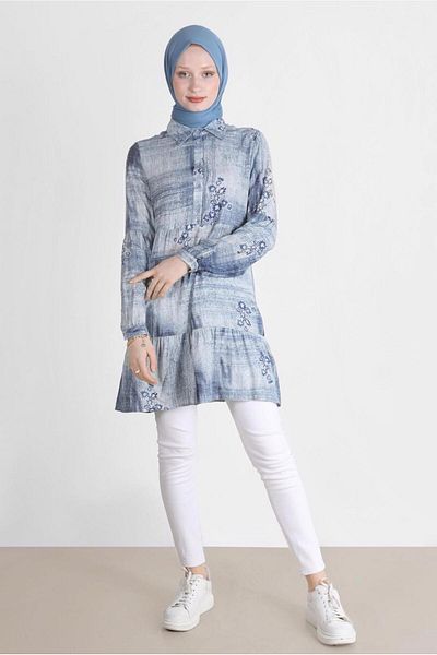 TRENDTESETTÜR Navy Blue Tie-Dye Floral Print Women's Tunic - t 42666