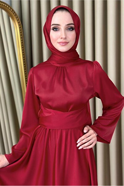 TRENDTESETTÜR Red Belted Hijab Evening Dress - T 5016