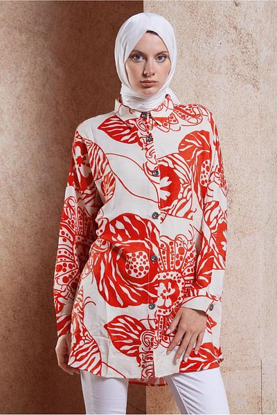TRENDTESETTÜR Red Patterned Cotton Saw Tunic - T 3818