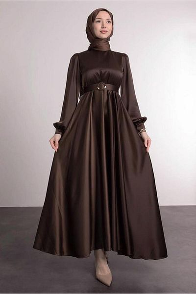 TRENDTESETTÜR Καφέ Σατέν Βραδινό Φόρεμα - Ζώνη Φόρεμα T 1395