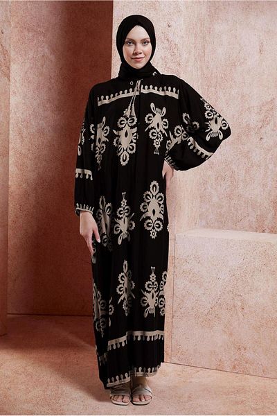 TRENDTESETTÜR Μαύρο μοτίβο Mink Hijab Φόρεμα - Γυναικείο T 5232