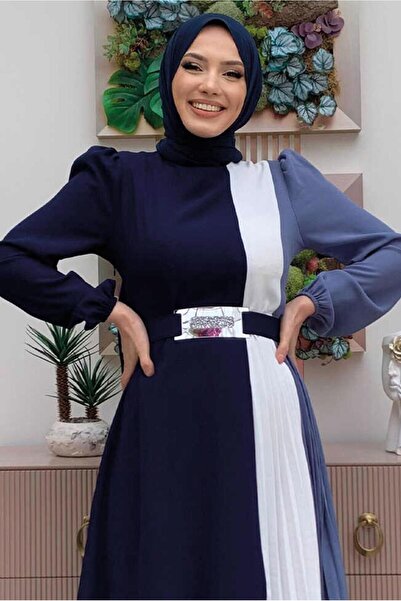 TRENDTESETTÜR Navy Blue Pleated Three Color Women's Dress - T 2263