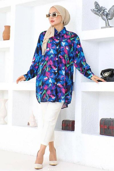 TRENDTESETTÜR Navy Blue Patterned Cotton Women's Testicle Tunic - T 5362