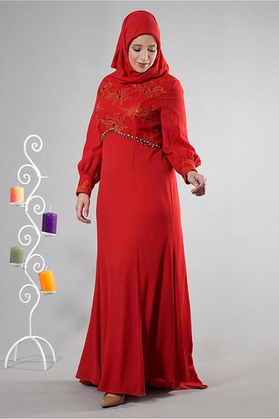 TRENDTESETTÜR Women's Red (K.RED) Stone Detailed Evening Dress T 5123