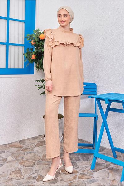 TRENDTESETTÜR ΓΥΝΑΙΚΕΙΟ ΜΠΕΖ (K.BEIGE) ΣΕΤ ΠΑΝΤΕΛΟΝΙ ΜΕ ΛΕΠΤΟΜΕΡΗ ΣΤΡΟΦΑΛΟΥΣ T 1183