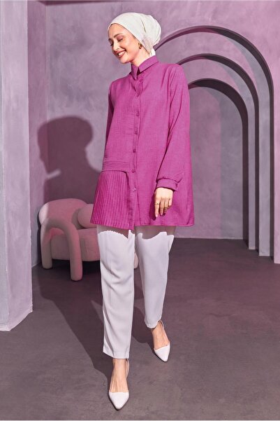 TRENDTESETTÜR Fuchsia Pleated Detailed Women's Shirt Tunic - T 8214