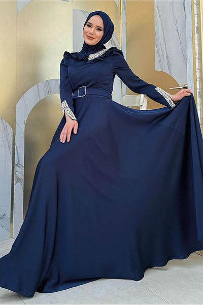 TRENDTESETTÜR Γυναικείο βραδινό φόρεμα Navy Blue Stone Detailed - T 5511