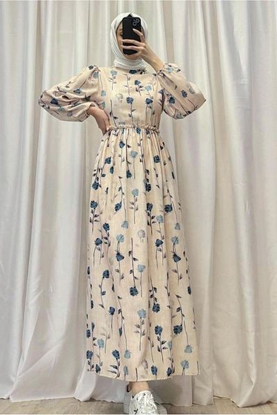 TRENDTESETTÜR Beige Floral Patterned Women's Dress - T 5906