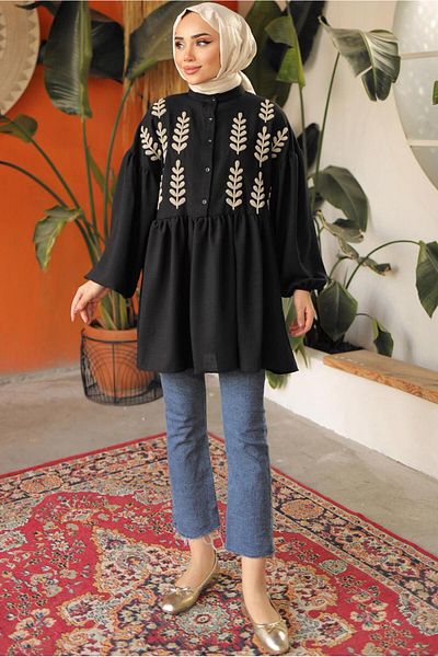TRENDTESETTÜR WOMEN'S BLACK LEAF PATTERNED SHIRT TUNIC T 6302