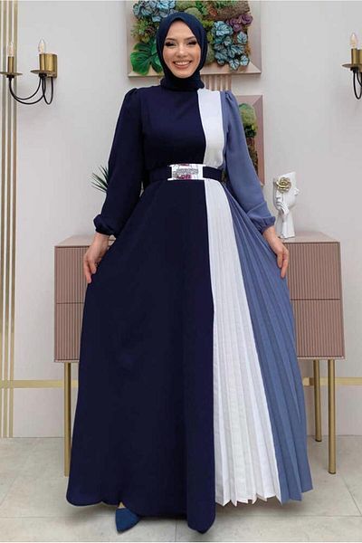 TRENDTESETTÜR Γυναικείο φόρεμα Navy Blue πλισέ τρίχρωμο - T 2263